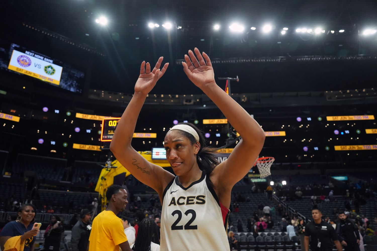 Las Vegas Aces forward A'ja Wilson celebrates after a victory.